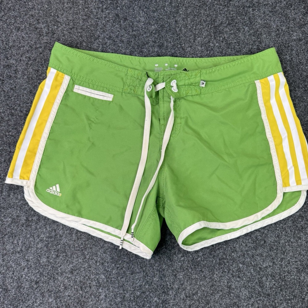 Adidas Women's Size 9 Green Yellow Shorts Retro Y2K 3 Stripe Dolphin Hem